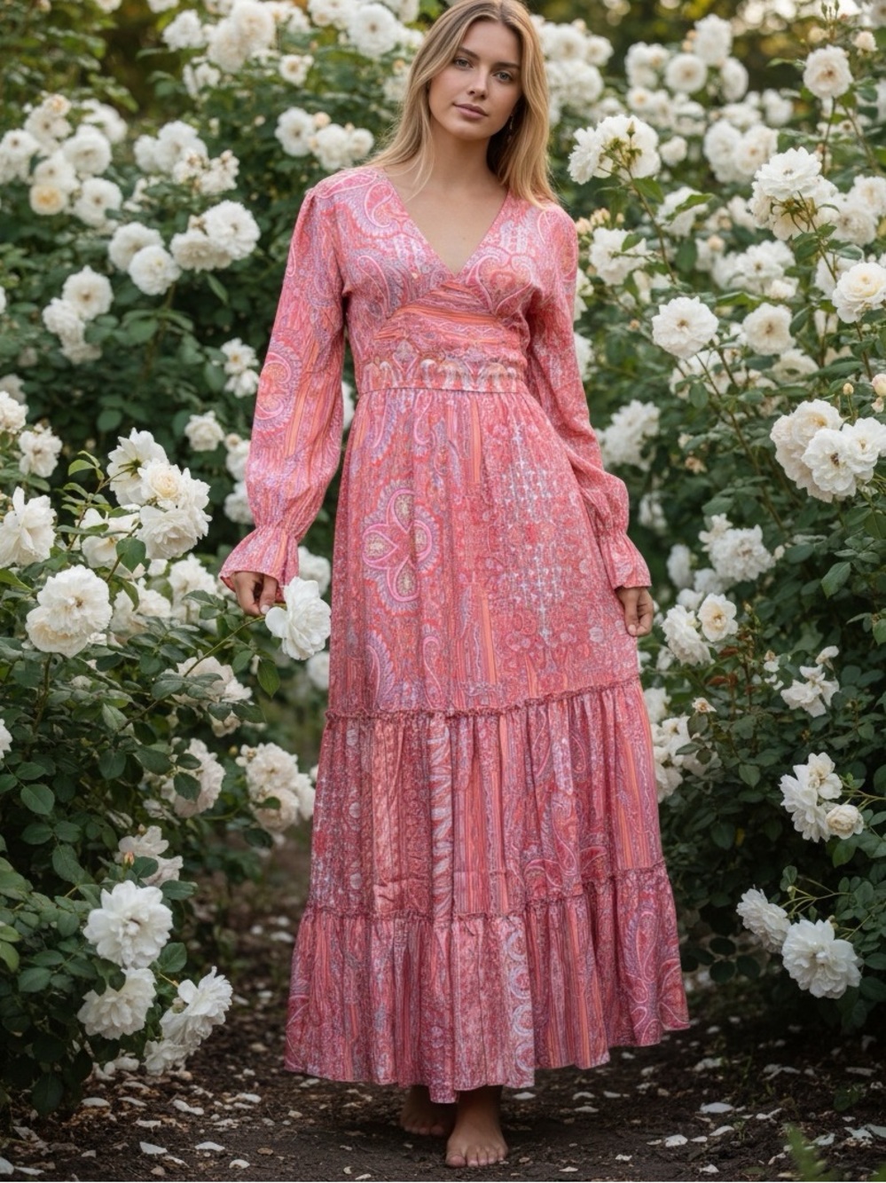 Karma Highway Boho Pink Paisley Tiered Maxi Dress OSFM